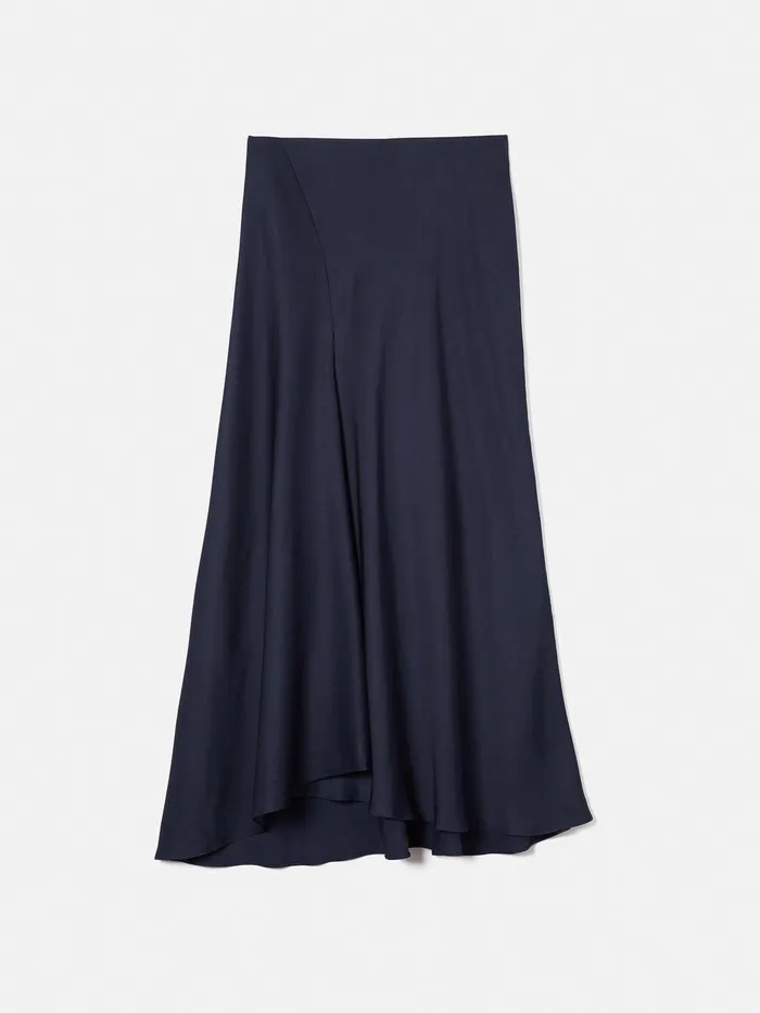 Women Satin Bias Asymmetric Skirt Navy Jigsaw Skirts