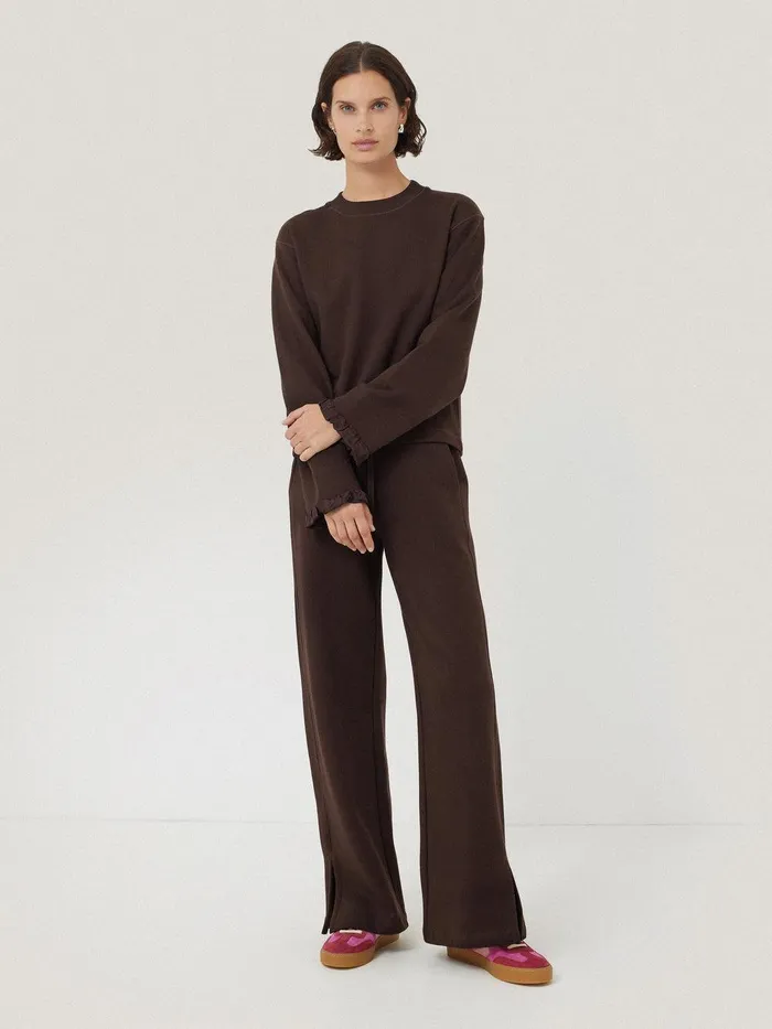 Women Satin Cuff Jersey Sweatshirt Chocolate Jigsaw Coords