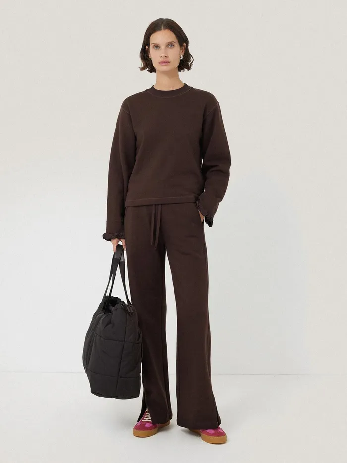 Women Satin Cuff Jersey Sweatshirt Chocolate Jigsaw Coords