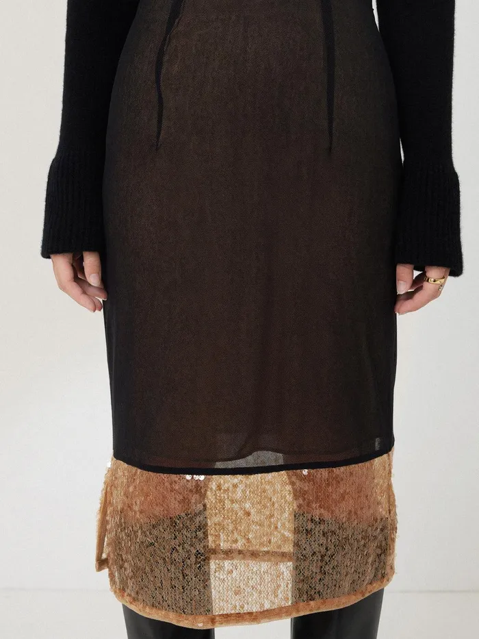 Women Sequin Mesh Skirt Black Jigsaw Skirts