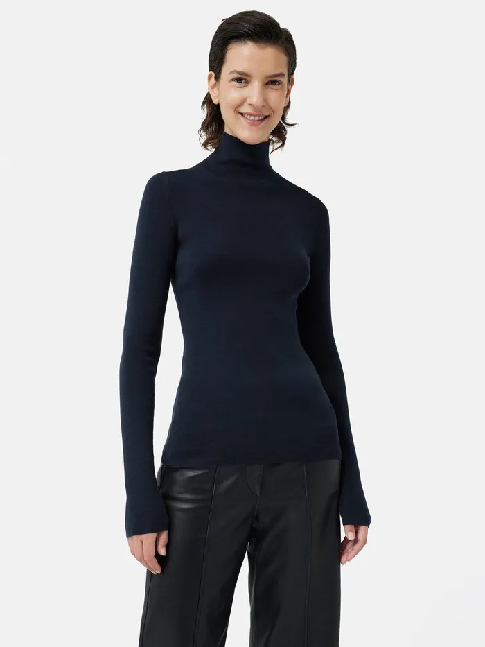 Women Silk Cotton Polo Jumper Navy Jigsaw Knitwear and Cashmere