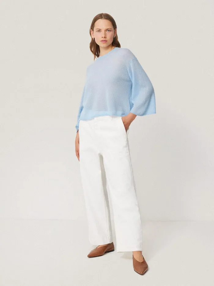 Women Soft Gauzy Knit Tshirt Light Blue Jigsaw Knitwear and Cashmere