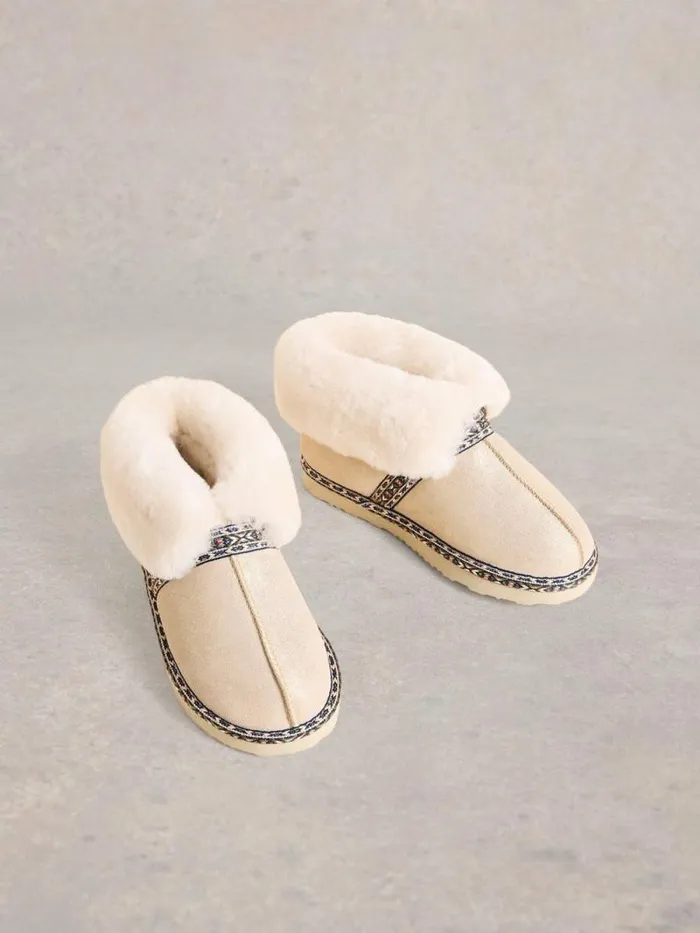 Women Suede Shearling Slipper Boot Gold Tone Metallic White Stuff Nightwear