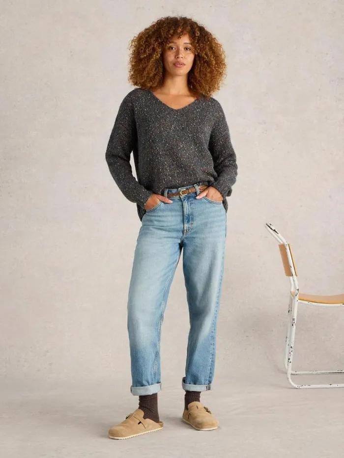 Women TEXTURED V NECK JUMPER Teal Multi White Stuff Knitwear