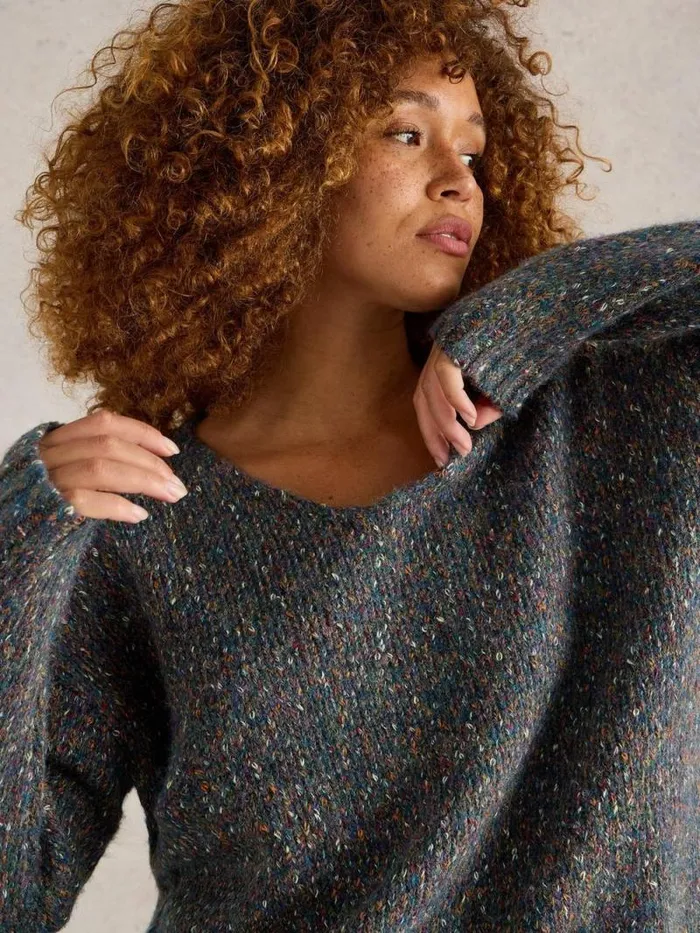 Women TEXTURED V NECK JUMPER Teal Multi White Stuff Knitwear Women TEXTURED V NECK JUMPER Teal Multi White Stuff Knitwear