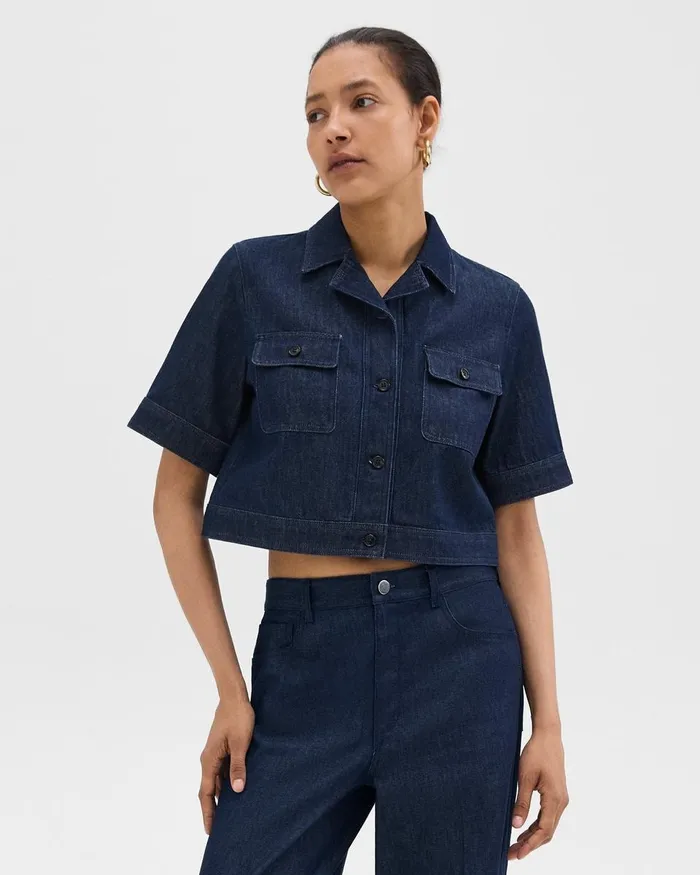 Women Theory Blazers Jackets Boxy ShortSleeve Jacket In Denim Indigo