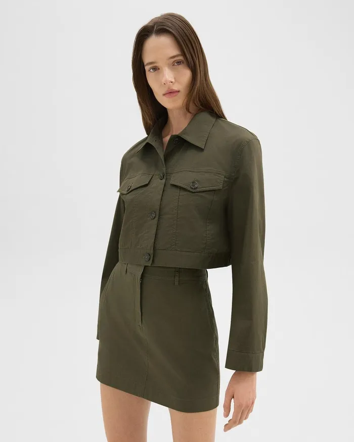 Women Theory Blazers Jackets Cropped Trucker Jacket In Organic Cotton Dark Olive