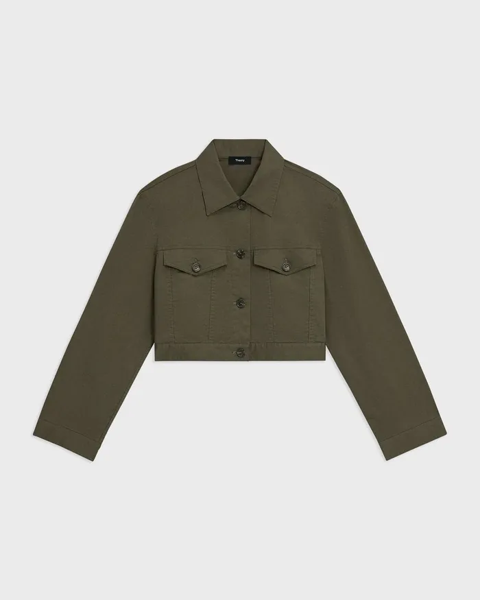 Women Theory Blazers Jackets Cropped Trucker Jacket In Organic Cotton Dark Olive