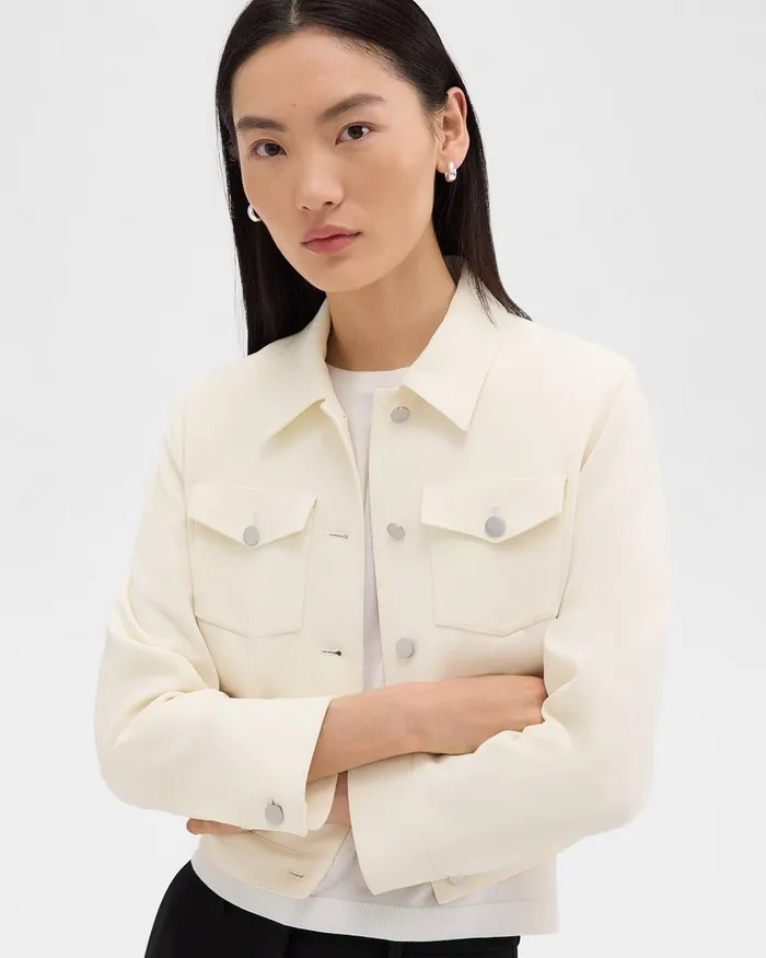 Women Theory Blazers Jackets Shrunken Trucker Jacket In Admiral Crepe Rice