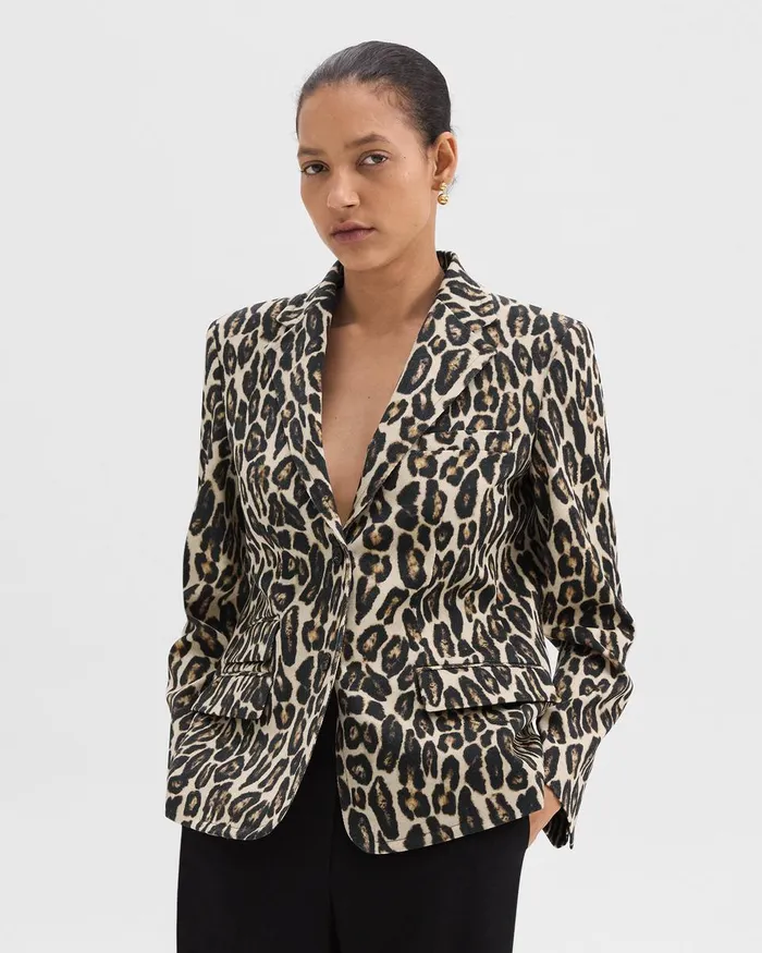 Women Theory Blazers Jackets Tailored Blazer In Stretch Leopard Wool Beige Multi