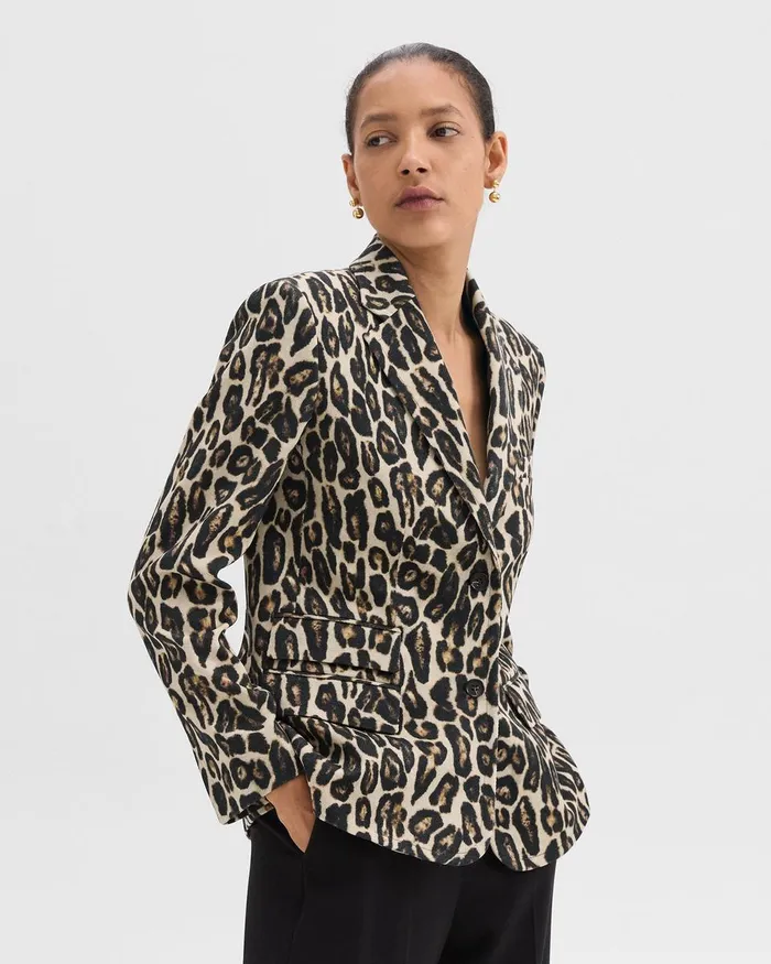 Women Theory Blazers Jackets Tailored Blazer In Stretch Leopard Wool Beige Multi
