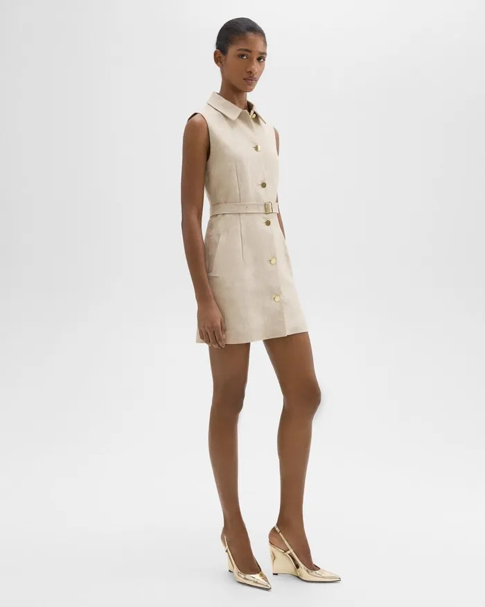Women Theory Dresses Belted Military Dress In Basket Weave Linen Straw