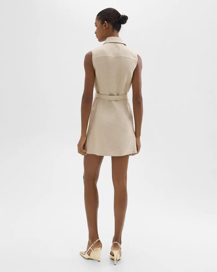 Women Theory Dresses Belted Military Dress In Basket Weave Linen Straw