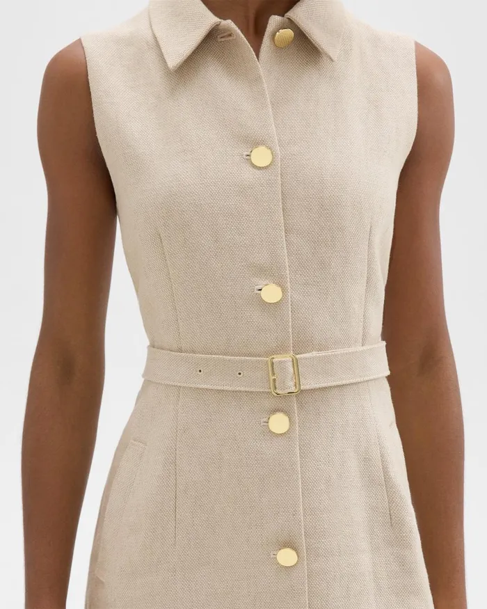 Women Theory Dresses Belted Military Dress In Basket Weave Linen Straw