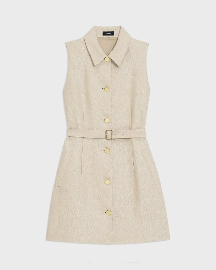Women Theory Dresses Belted Military Dress In Basket Weave Linen Straw