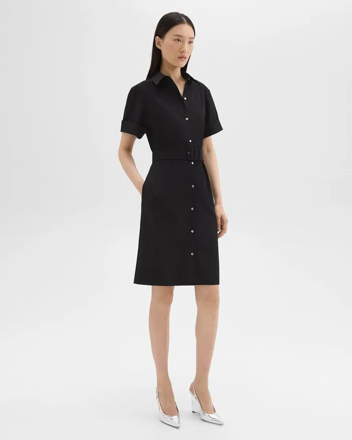Women Theory Dresses Belted Shirt Dress In Stretch Wool Black