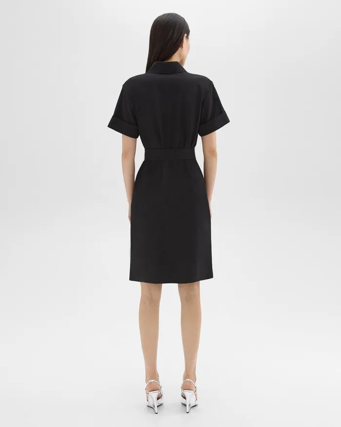 Women Theory Dresses Belted Shirt Dress In Stretch Wool Black