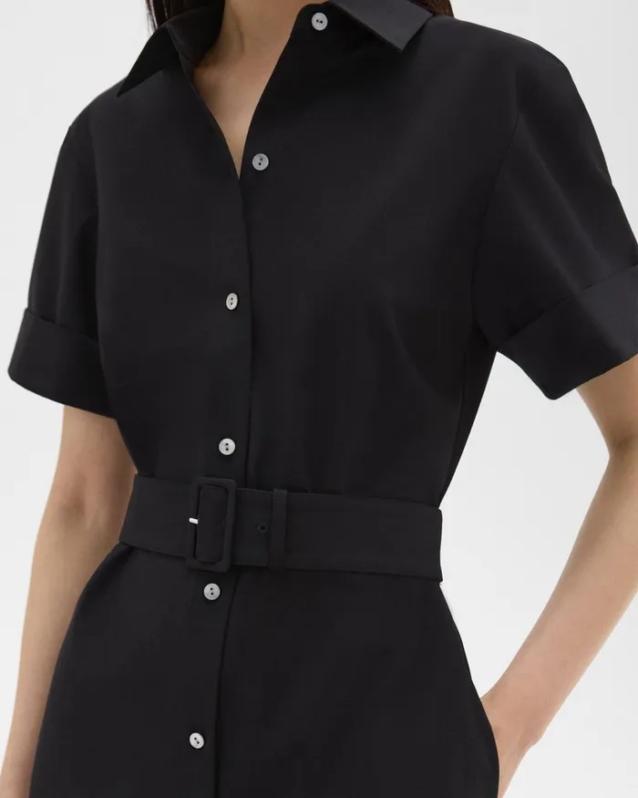 Women Theory Dresses Belted Shirt Dress In Stretch Wool Black
