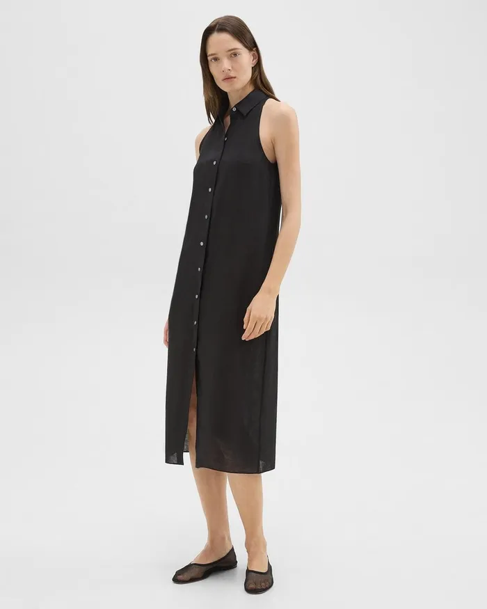 Women Theory Dresses Halter Neck Shirt Dress In Hemp Black