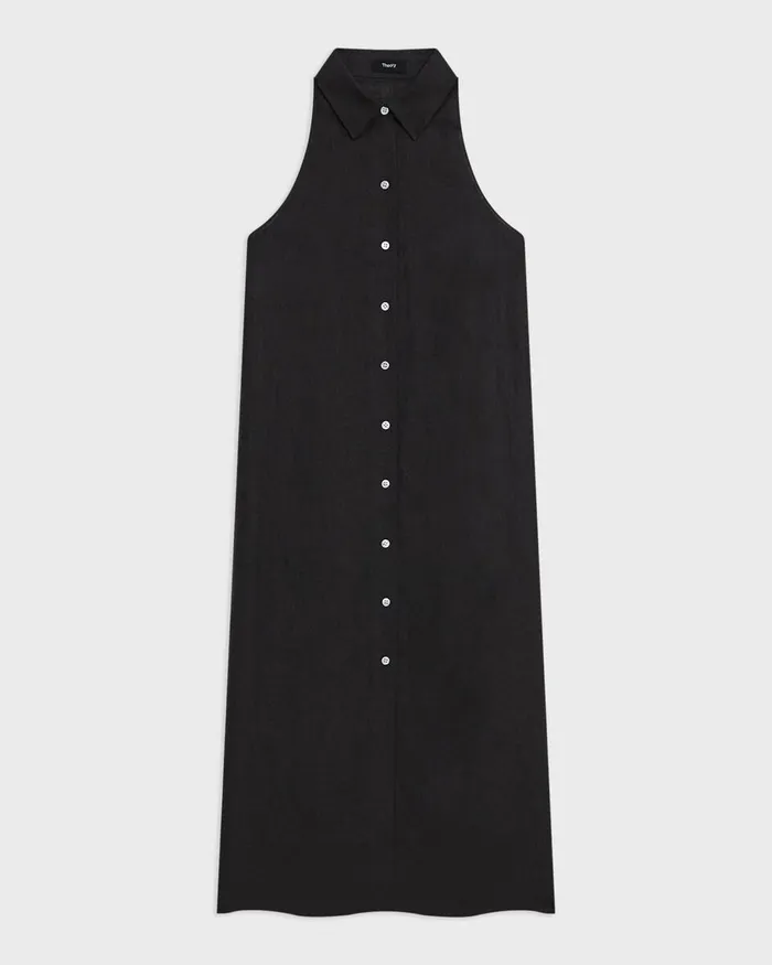 Women Theory Dresses Halter Neck Shirt Dress In Hemp Black