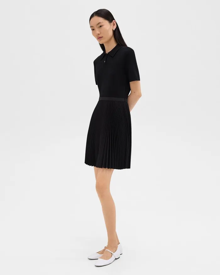 Women Theory Dresses Pleated Combo Polo Dress In Stretch WoolBlend Black