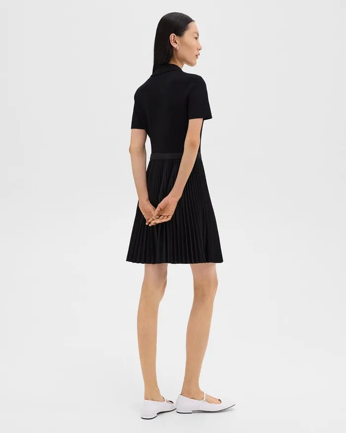 Women Theory Dresses Pleated Combo Polo Dress In Stretch WoolBlend Black