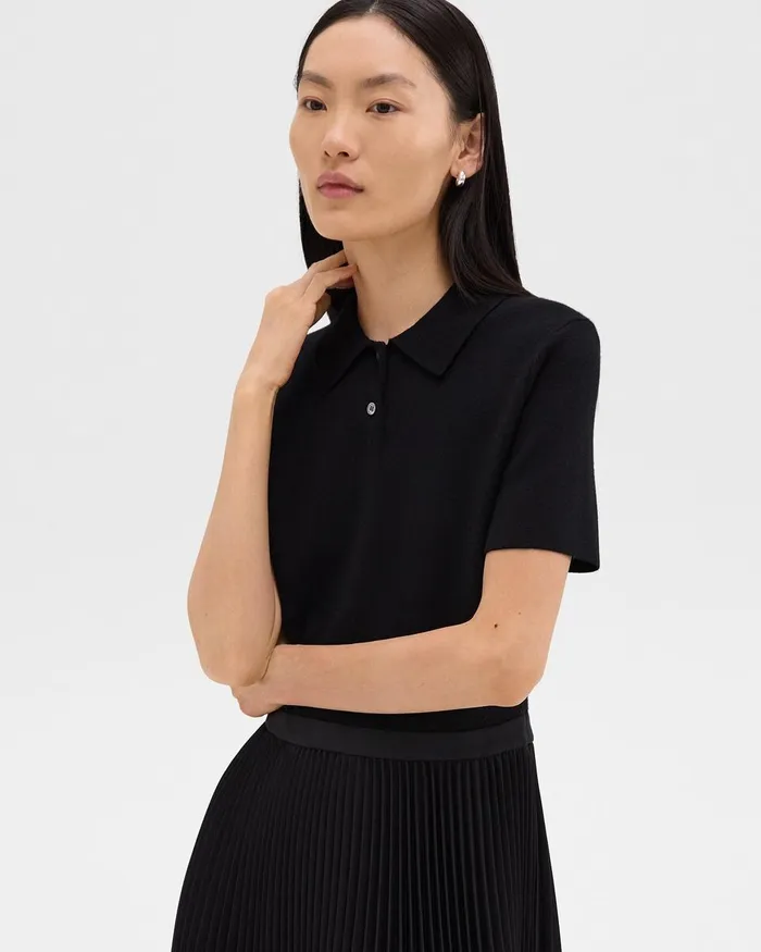 Women Theory Dresses Pleated Combo Polo Dress In Stretch WoolBlend Black