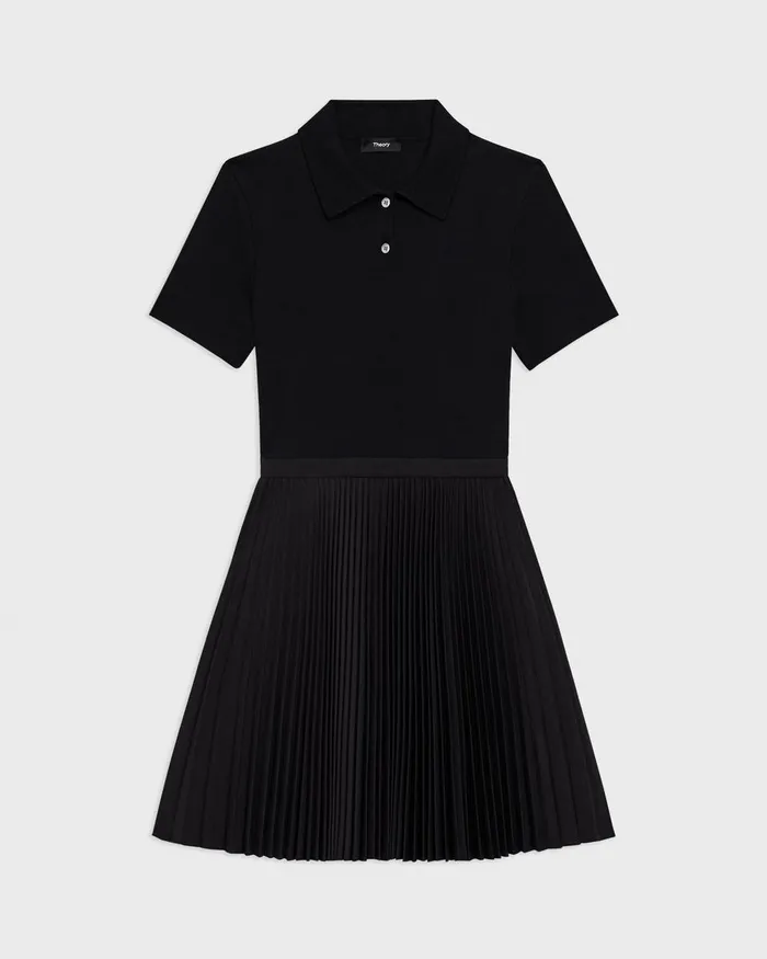 Women Theory Dresses Pleated Combo Polo Dress In Stretch WoolBlend Black