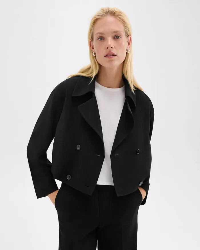 Women Theory Outerwear DoubleBreasted Crop Trench In Admiral Crepe Black