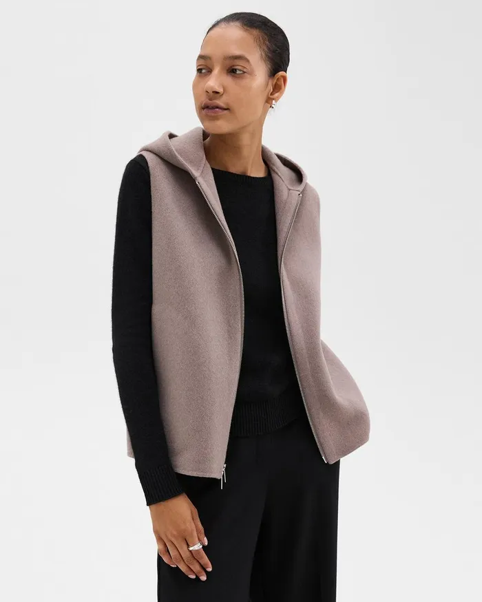 Women Theory Outerwear Hooded ZipUp Vest In DoubleFace WoolCashmere Cinder Melange