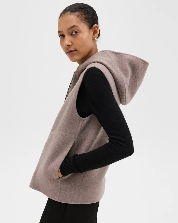 Women Theory Outerwear Hooded ZipUp Vest In DoubleFace WoolCashmere Cinder Melange