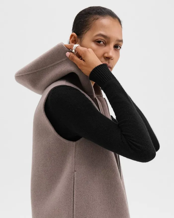 Women Theory Outerwear Hooded ZipUp Vest In DoubleFace WoolCashmere Cinder Melange