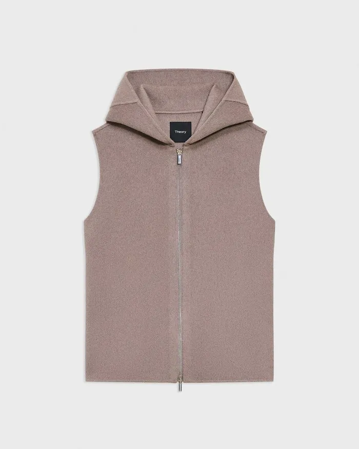 Women Theory Outerwear Hooded ZipUp Vest In DoubleFace WoolCashmere Cinder Melange
