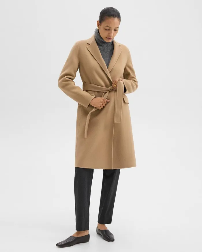 Women Theory Outerwear Wrap Coat In DoubleFace WoolCashmere New Camel