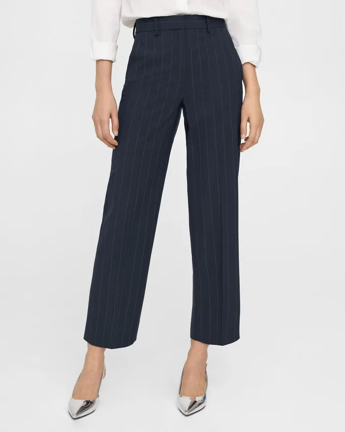 Women Theory Pants HighWaist StraightLeg Pant In Striped Stretch Wool Deep Navy