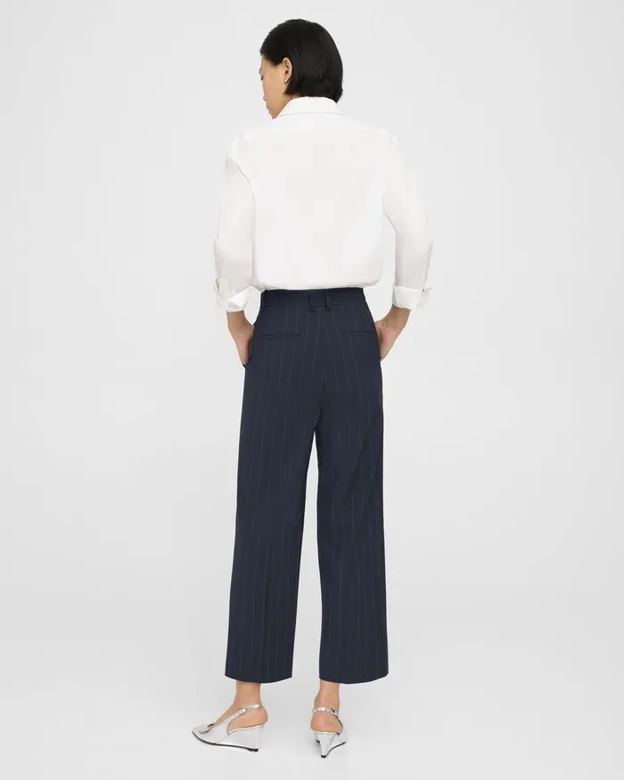 Women Theory Pants HighWaist StraightLeg Pant In Striped Stretch Wool Deep Navy
