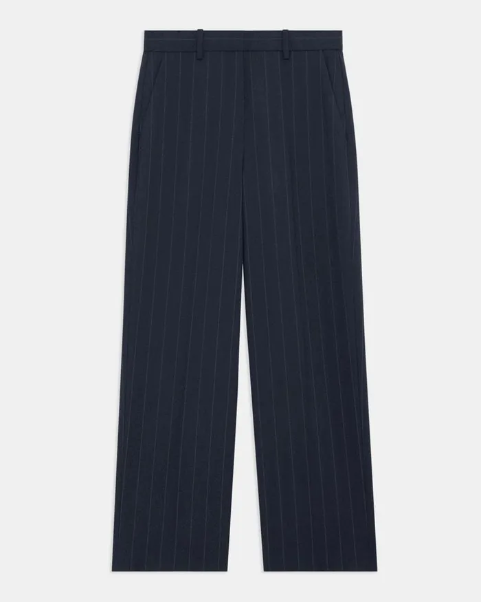 Women Theory Pants HighWaist StraightLeg Pant In Striped Stretch Wool Deep Navy