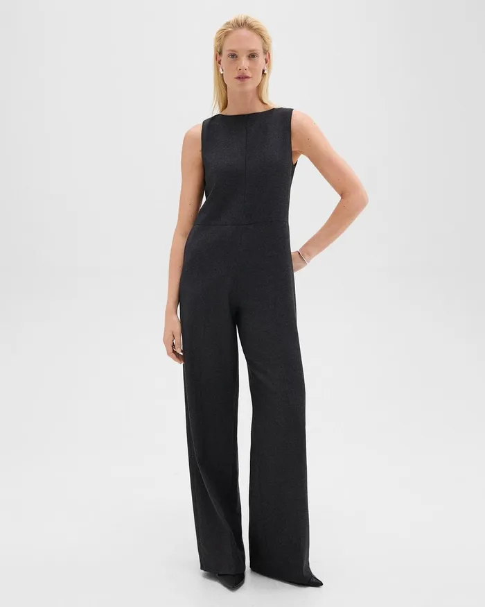Women Theory Pants Relaxed Sleeveless Jumpsuit In Stretch Flannel Charcoal Melange