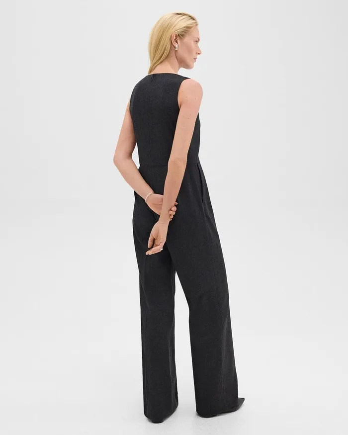 Women Theory Pants Relaxed Sleeveless Jumpsuit In Stretch Flannel Charcoal Melange