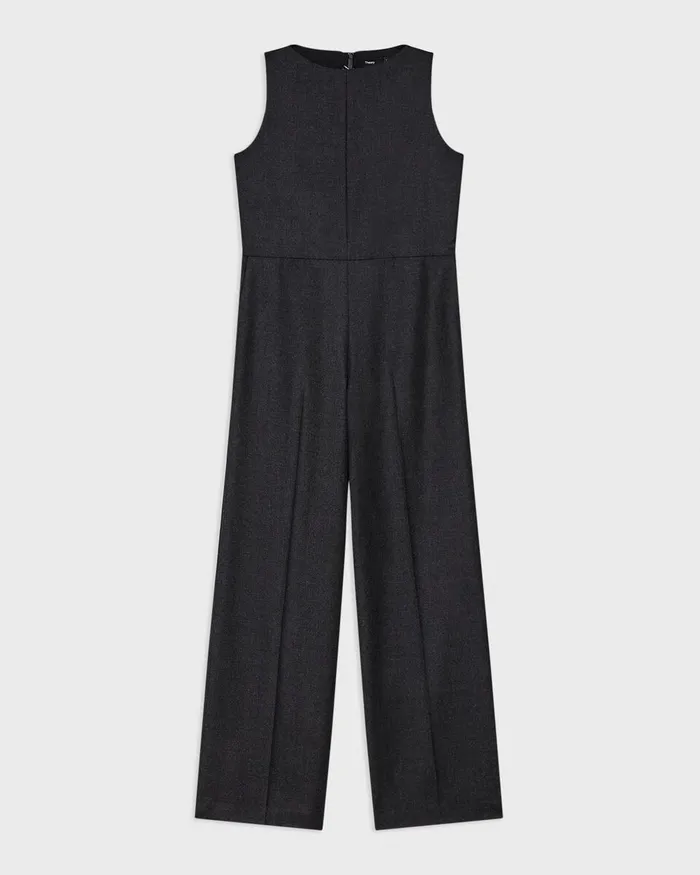 Women Theory Pants Relaxed Sleeveless Jumpsuit In Stretch Flannel Charcoal Melange