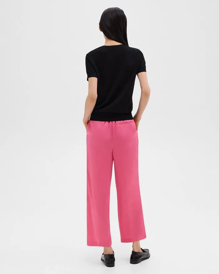 Women Theory Pants Wide Leg PullOn Pant In Crushed Satin Pink Azalea