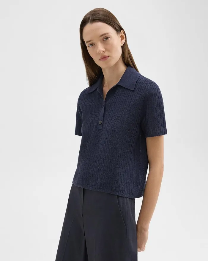 Women Theory Sweaters Cardigans Cropped Polo In LinenViscose Nocturne Navy