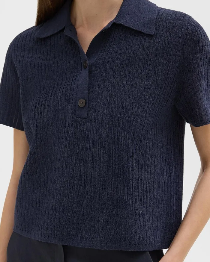 Women Theory Sweaters Cardigans Cropped Polo In LinenViscose Nocturne Navy