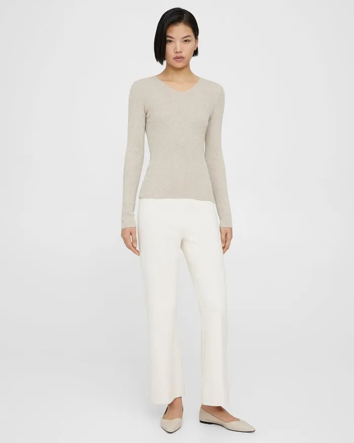 Women Theory Sweaters Cardigans Rib Knit VNeck Sweater In Slub Cotton Blend Parchment