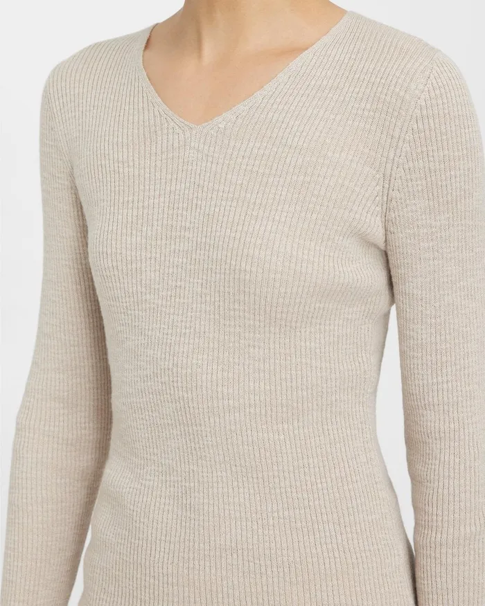 Women Theory Sweaters Cardigans Rib Knit VNeck Sweater In Slub Cotton Blend Parchment