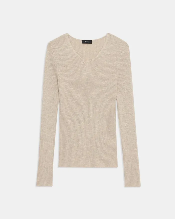 Women Theory Sweaters Cardigans Rib Knit VNeck Sweater In Slub Cotton Blend Parchment