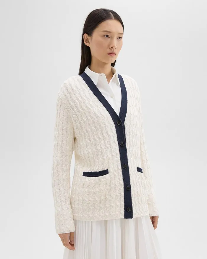 Women Theory Sweaters Cardigans VNeck Cardigan In Cable Knit Linen Bonenocturne Navy