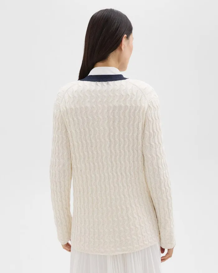 Women Theory Sweaters Cardigans VNeck Cardigan In Cable Knit Linen Bonenocturne Navy