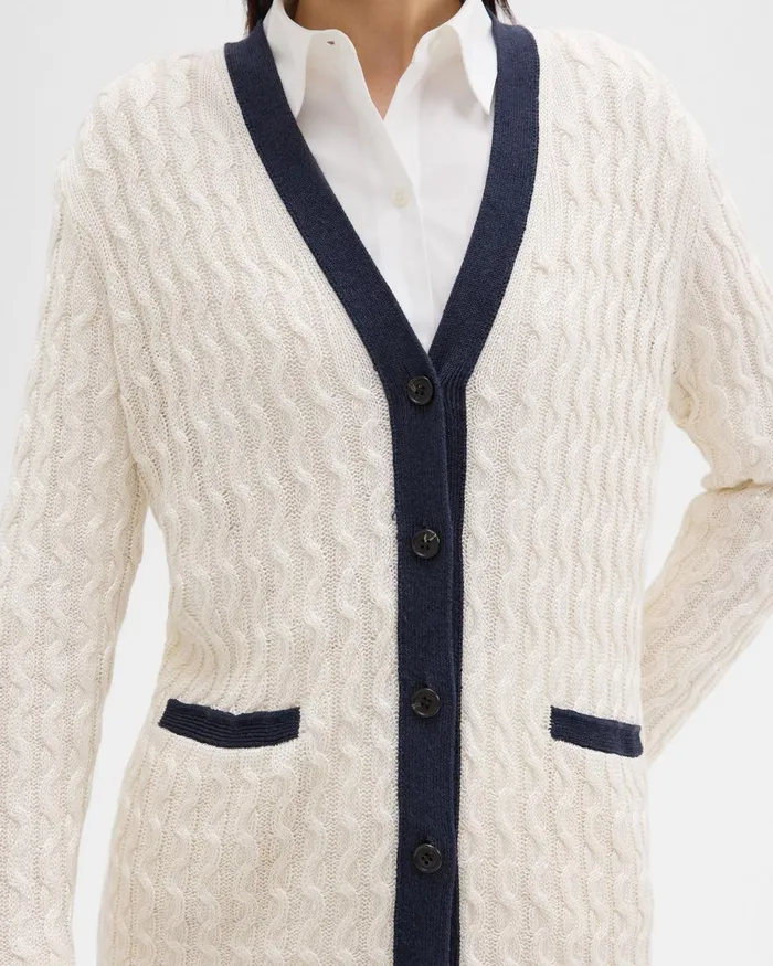 Women Theory Sweaters Cardigans VNeck Cardigan In Cable Knit Linen Bonenocturne Navy