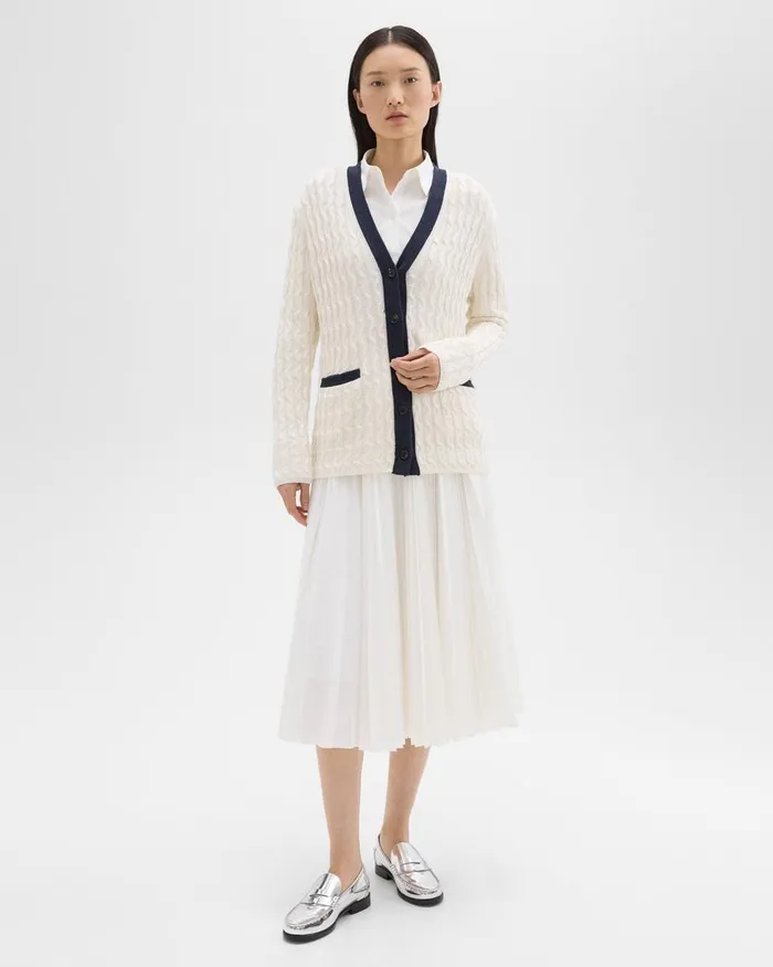 Women Theory Sweaters Cardigans VNeck Cardigan In Cable Knit Linen Bonenocturne Navy